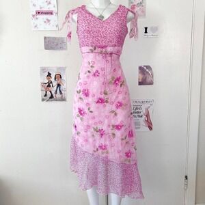 Girl Code Y2K Pink Floral Asymmetrical Fairycore Midi Dress Size 16 — Whimsygoth